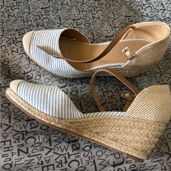LOFT Shoes - LOFT Blue and White Striped Espadrille Wedges with Tan Ankle Strap
